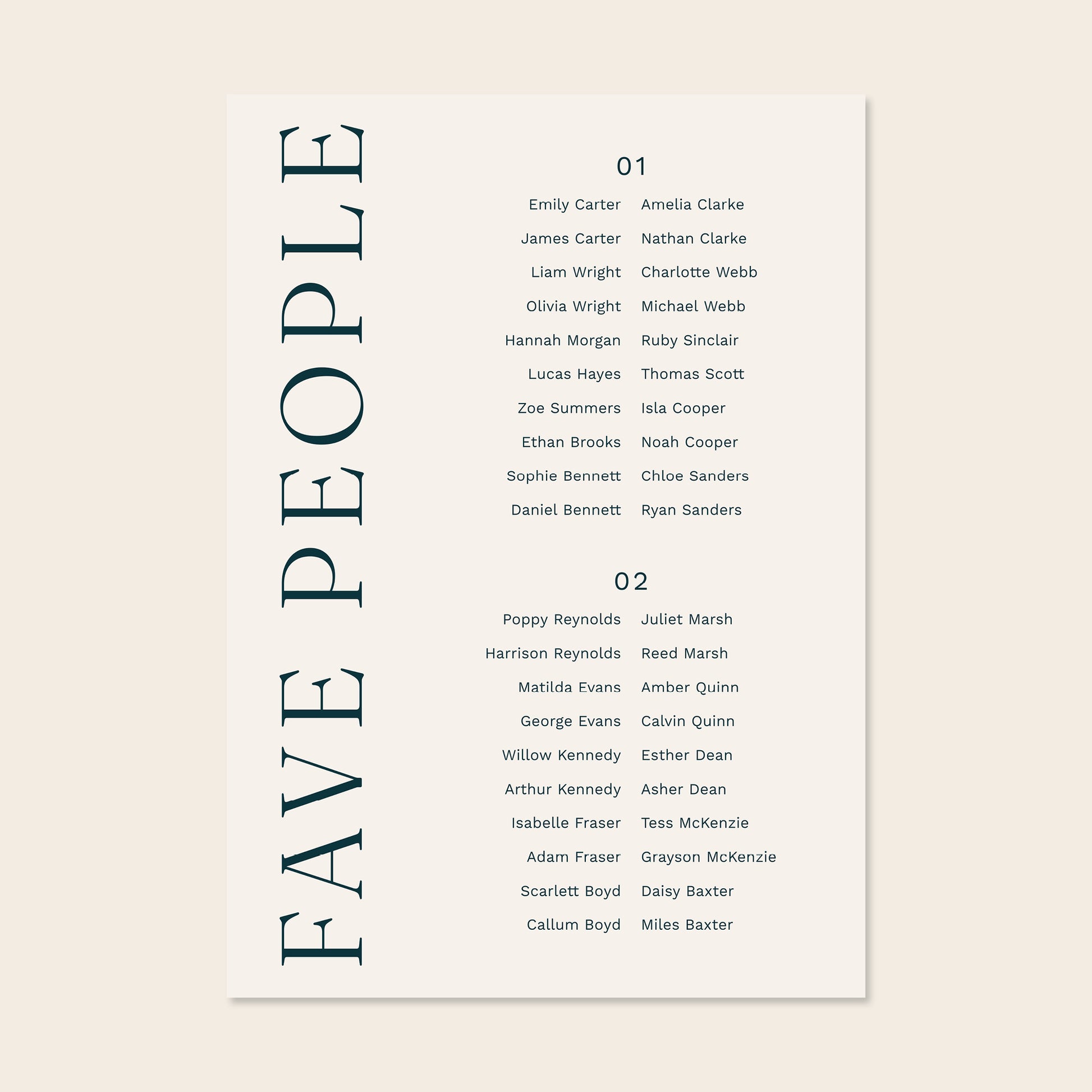 Printable 2-table wedding seating chart template design with names on a beige background.