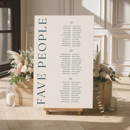 3-table wedding seating chart for 'FAVE PEOPLE' with floral arrangements and candles in a room setting.