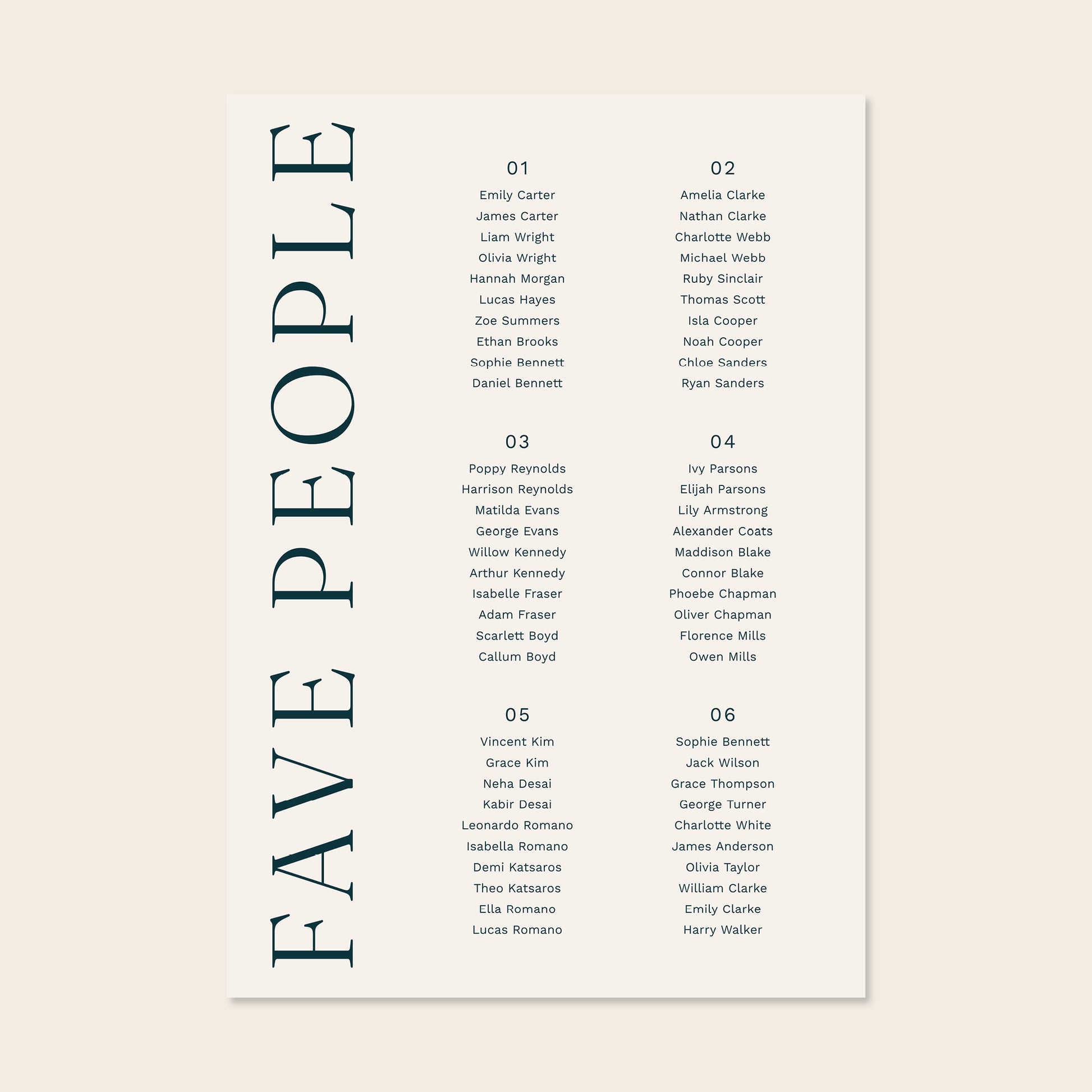 Printable 6-table wedding seating chart template design with names on a beige background.