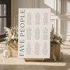 9-table wedding seating chart for 'FAVE PEOPLE' with floral arrangements and candles in a room setting.
