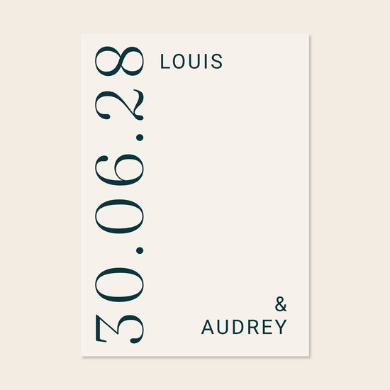 Digital template for a modern typographic wedding sign. Palais design featuring a prominent vertical date and minimalist serif fonts. Stress-free DIY editing for A-size printing (A1 or A2) from The Hello Bureau.