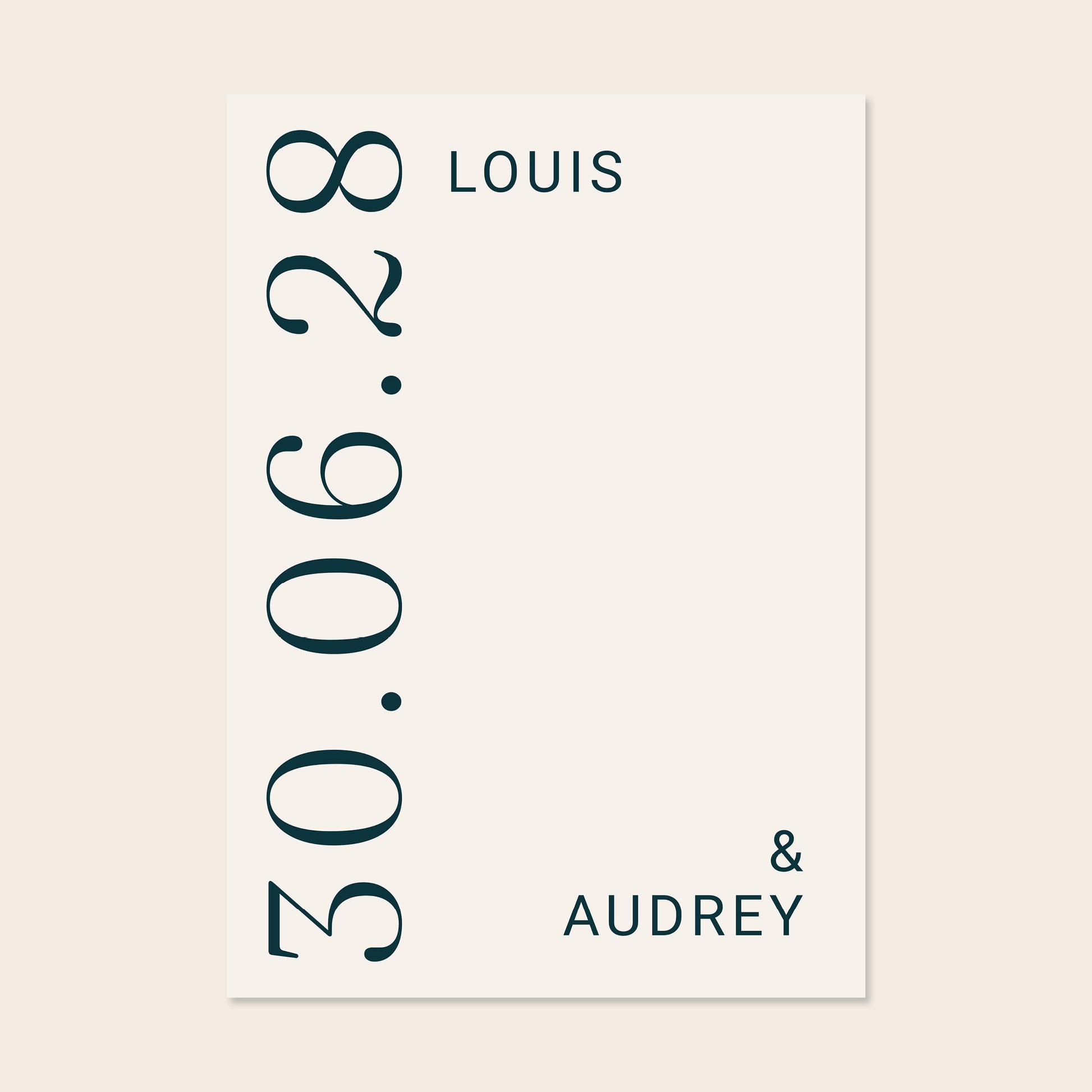 Digital template for a modern typographic wedding sign. Palais design featuring a prominent vertical date and minimalist serif fonts. Stress-free DIY editing for A-size printing (A1 or A2) from The Hello Bureau.