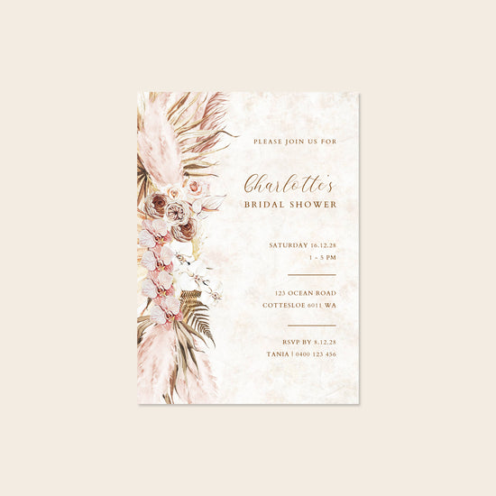Modern bridal shower invitation card with pink florals on a beige background.