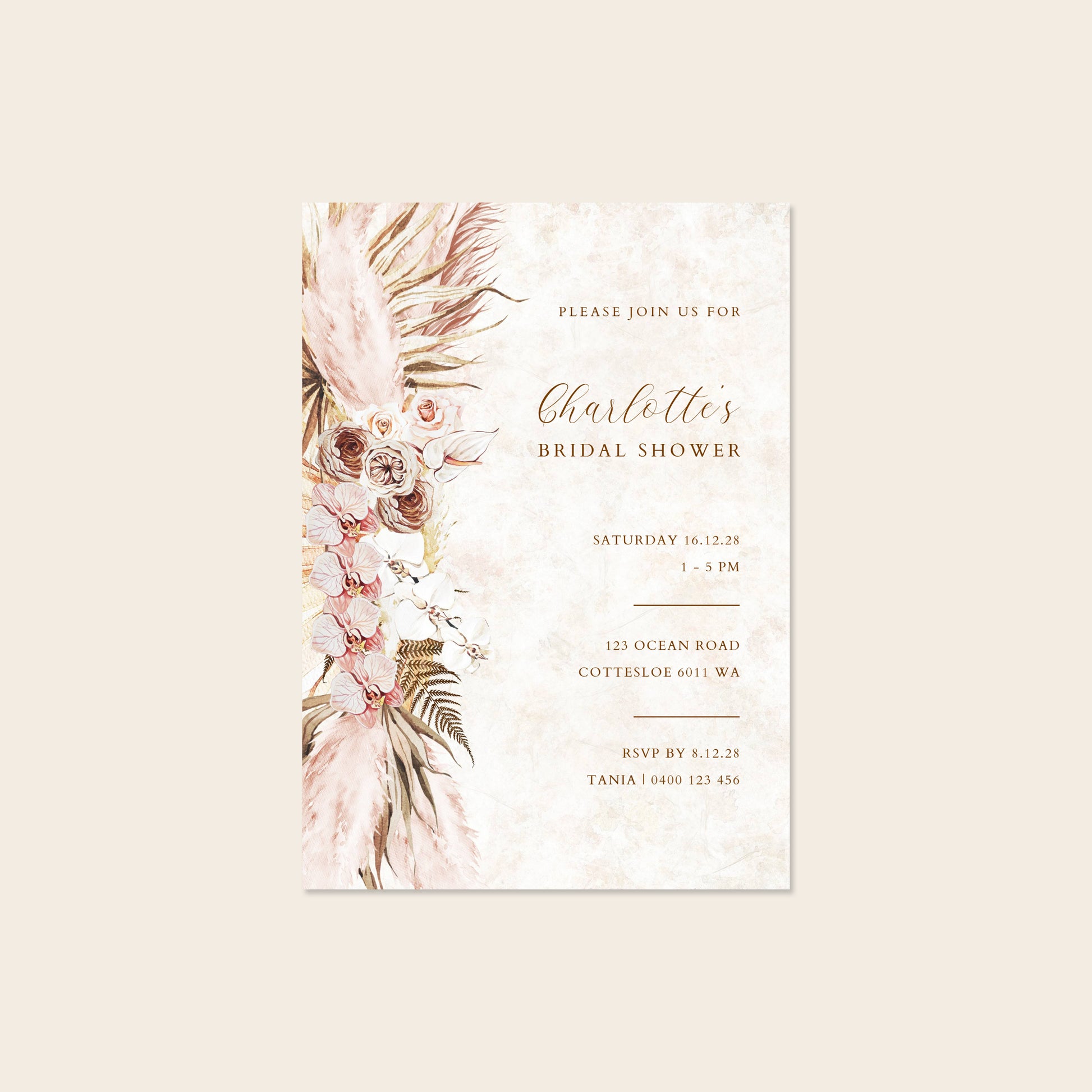 Modern bridal shower invitation card with pink florals on a beige background.