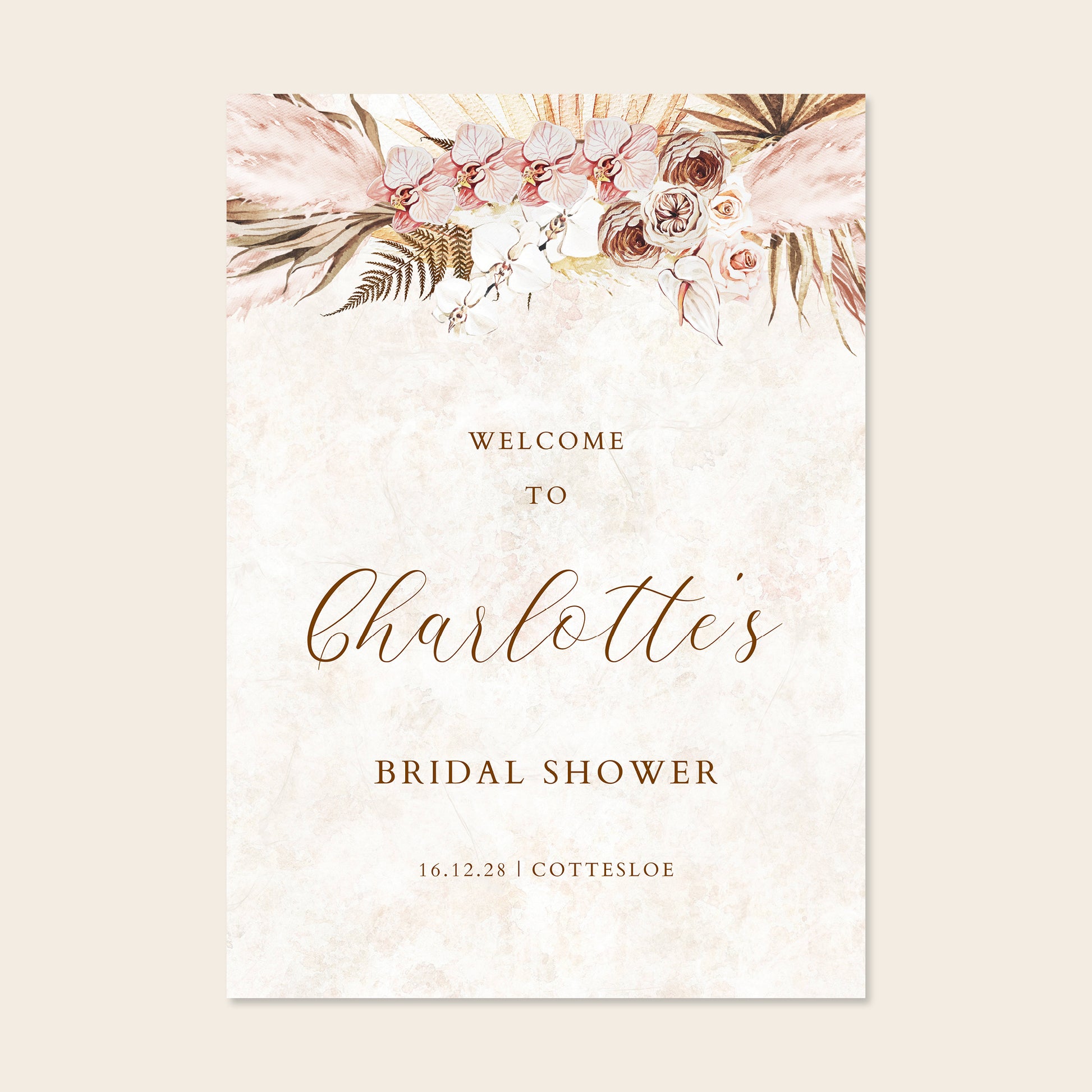 Bridal shower welcome sign with floral design and text on a beige background