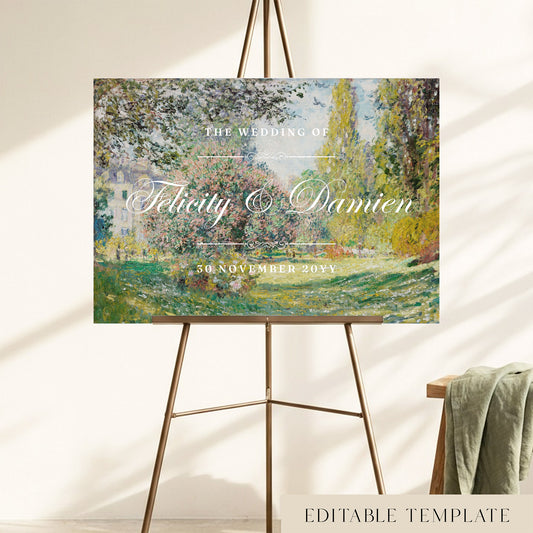 Flat view of the editable Monet welcome sign template, with white script names over a sunlit park with pink blossom and green trees.