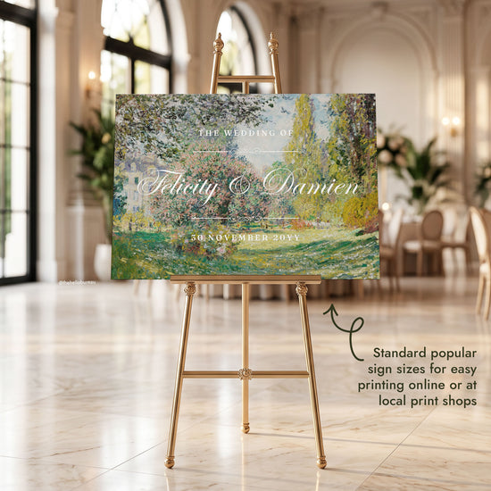 Garden fine art welcome sign featuring Monet's flowering park scene, set on an ornate gold easel in a grand arched reception hall.