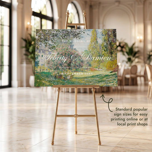 Garden fine art welcome sign featuring Monet's flowering park scene, set on an ornate gold easel in a grand arched reception hall.