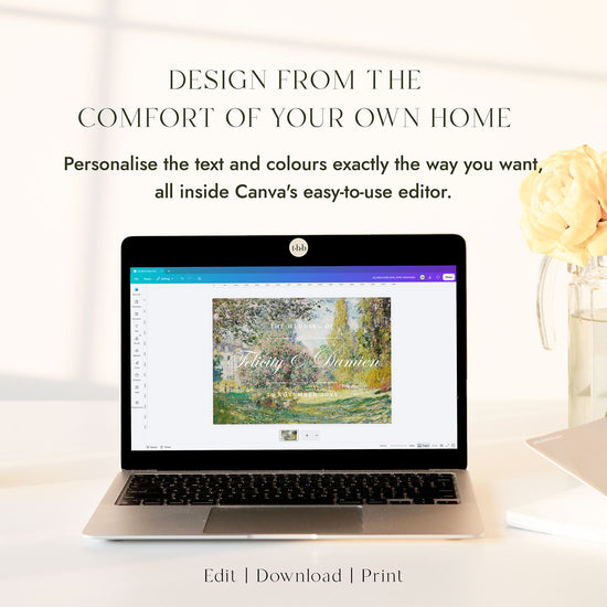 Laptop displaying the Monet Parc Monceau welcome sign template open in Canva, ready to edit, beside soft yellow roses.