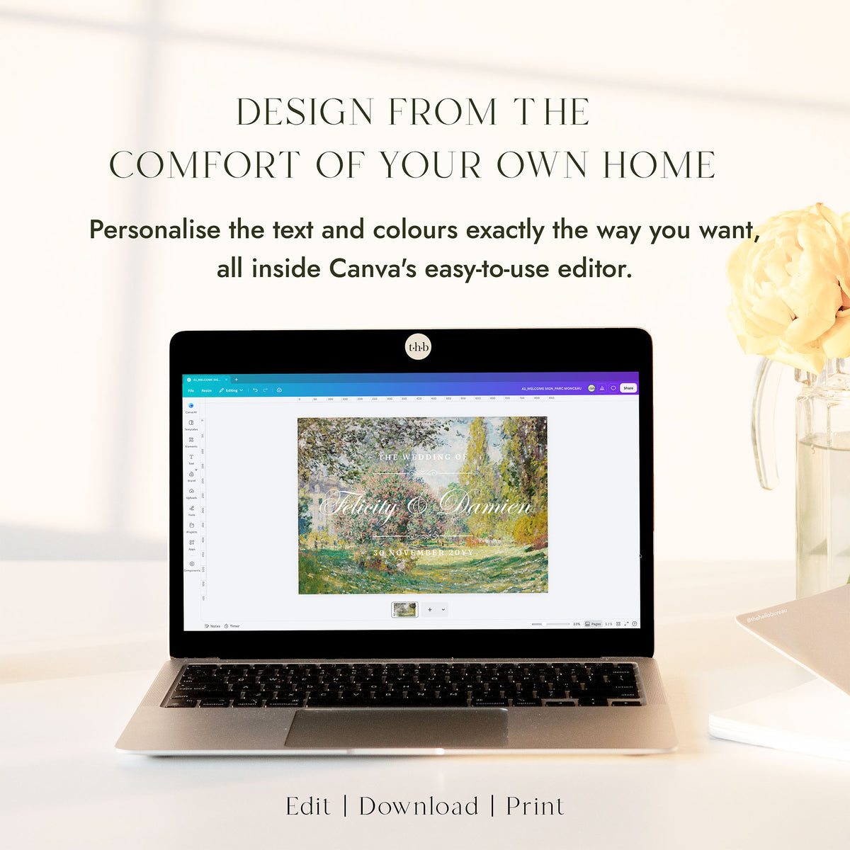 Laptop displaying the Monet Parc Monceau welcome sign template open in Canva, ready to edit, beside soft yellow roses.