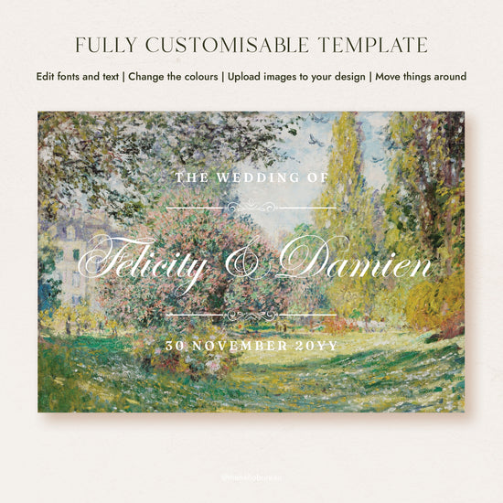 Flat view of the editable Monet welcome sign template, with white script names over a sunlit park with pink blossom and green trees.