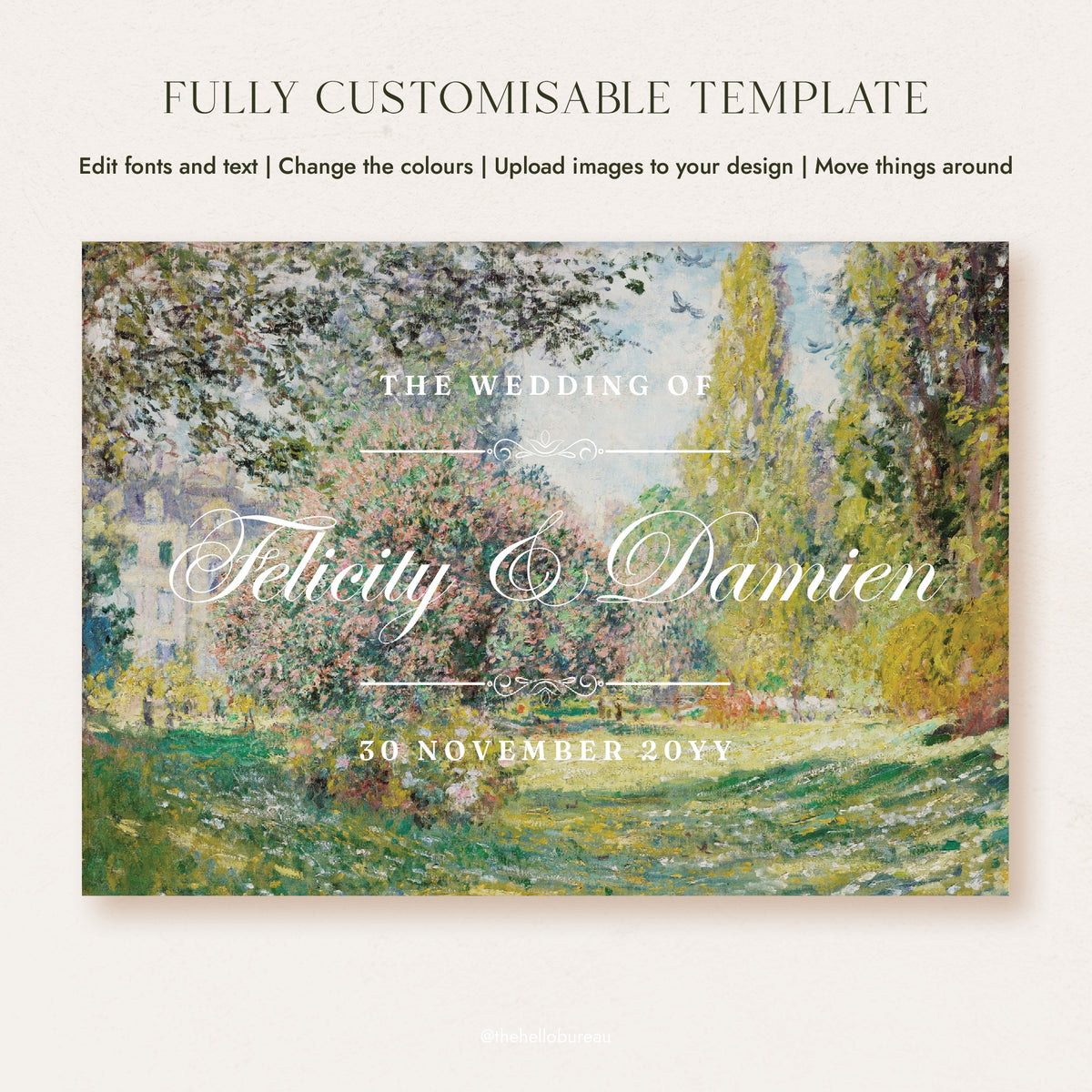 Flat view of the editable Monet welcome sign template, with white script names over a sunlit park with pink blossom and green trees.