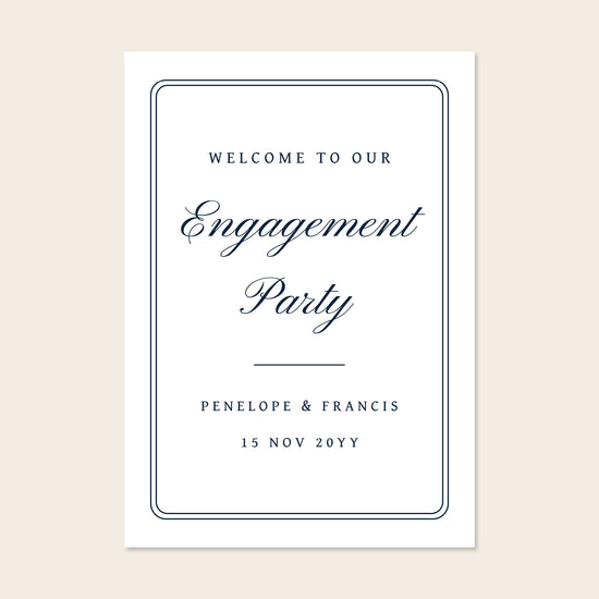 Engagement party welcome sign template design on a beige background.
