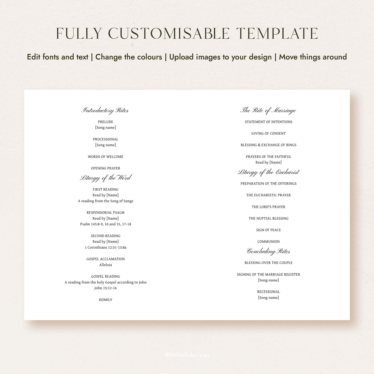 Catholic wedding program template showing the complete order of service, introductory rites through recessional