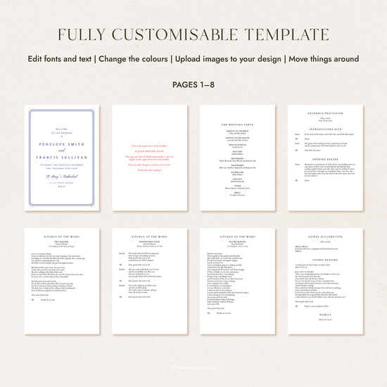 Catholic order of service booklet template, pages 1-8 including the gospel acclamation and homily
