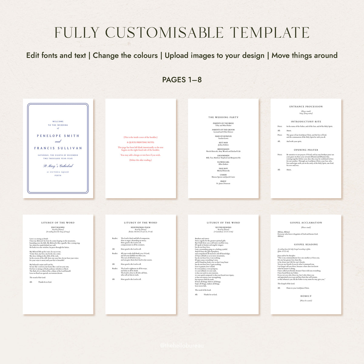 Catholic order of service booklet template, pages 1-8 including the gospel acclamation and homily