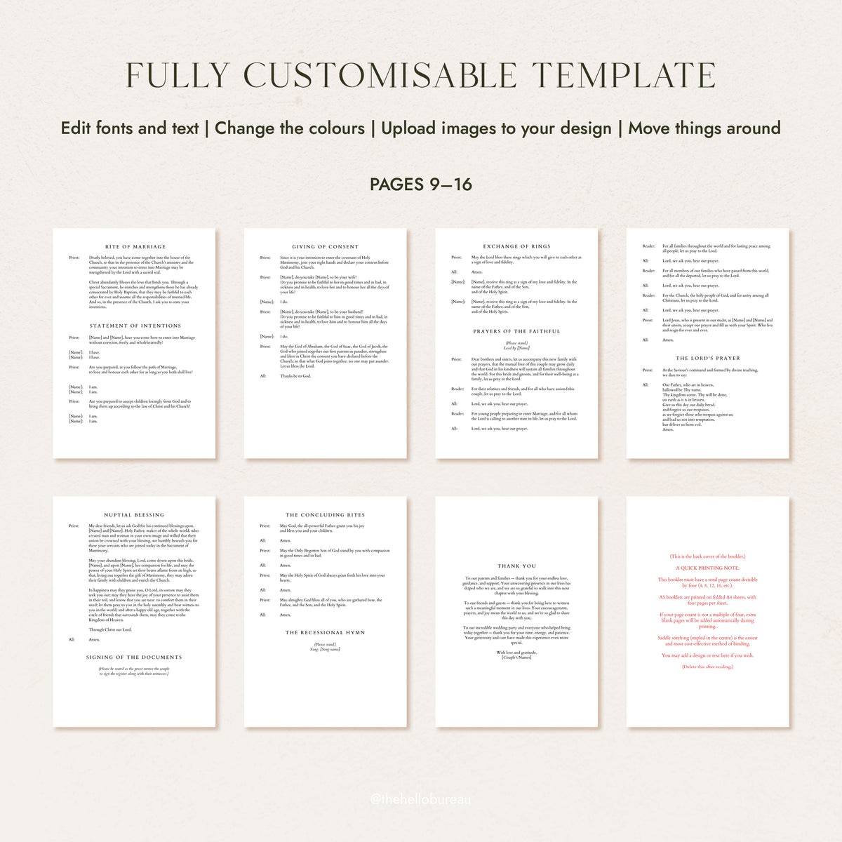 Catholic order of service booklet template, pages 9-16 without mass, ending with the thank you page