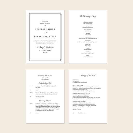 Four A5 wedding Mass ceremony booklet pages shown together, including the cover and interior layouts.