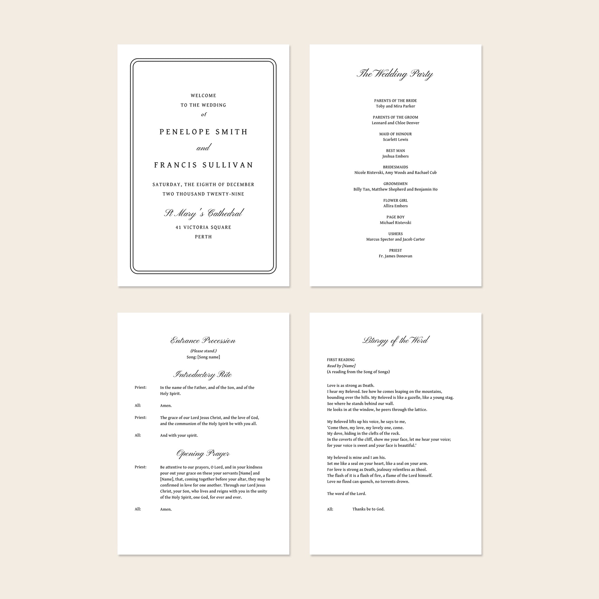Four A5 wedding Mass ceremony booklet pages shown together, including the cover and interior layouts.