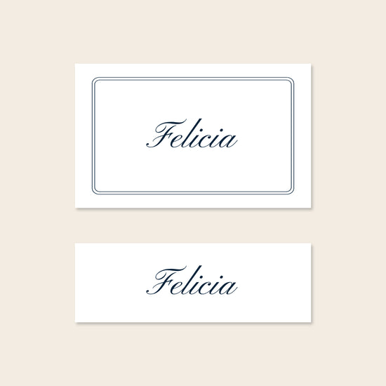 Two place card templates shown in horizontal and slim rectangular layouts on a beige background.