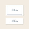 Two place card templates shown in horizontal and slim rectangular layouts on a beige background.