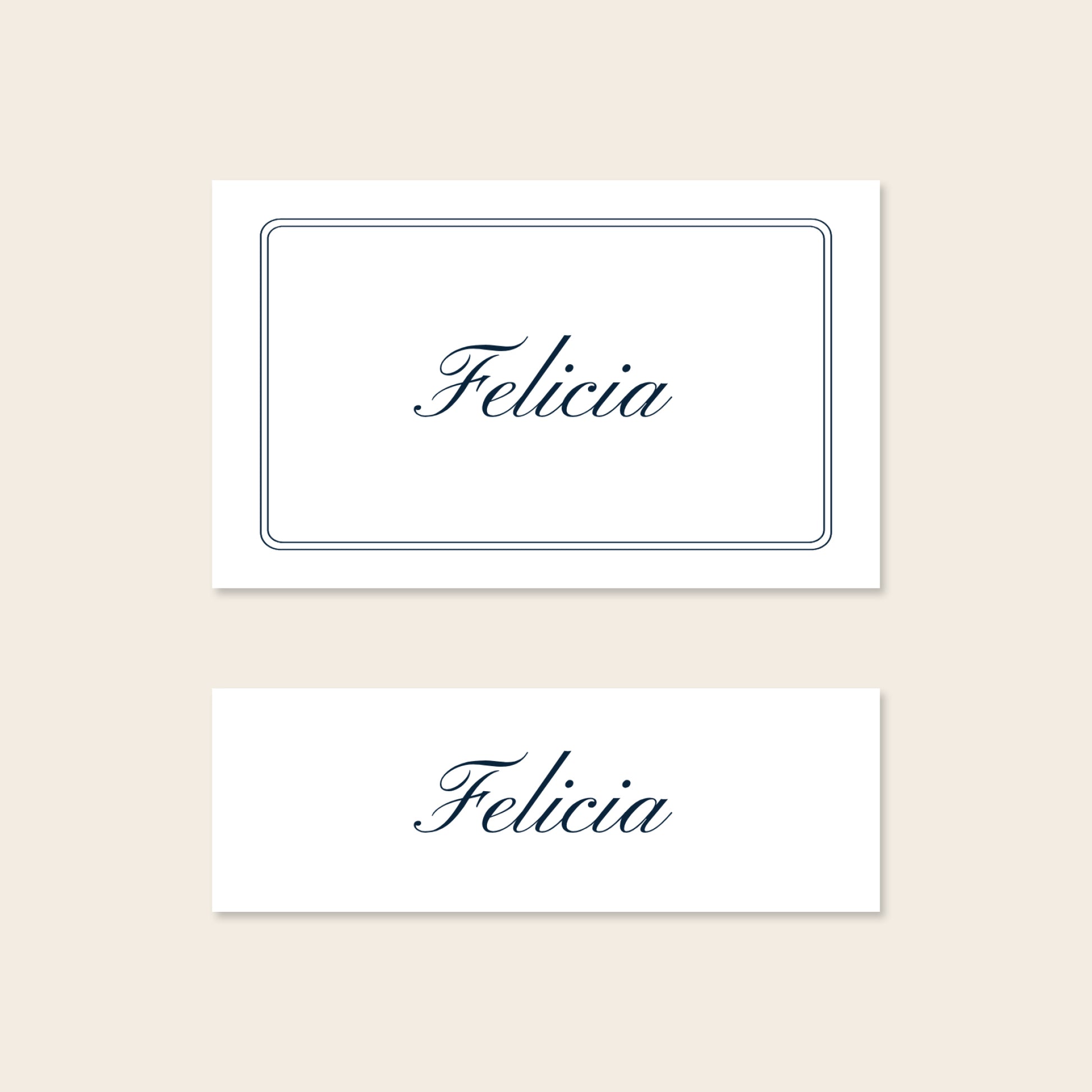 Two place card templates shown in horizontal and slim rectangular layouts on a beige background.