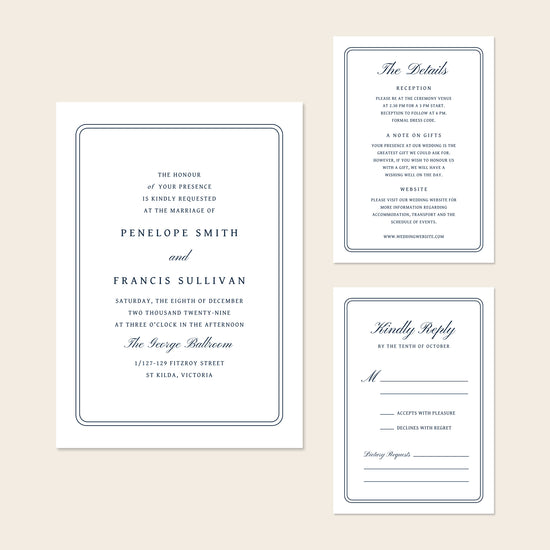 Wedding invitation template set with details and rsvp on a beige background.