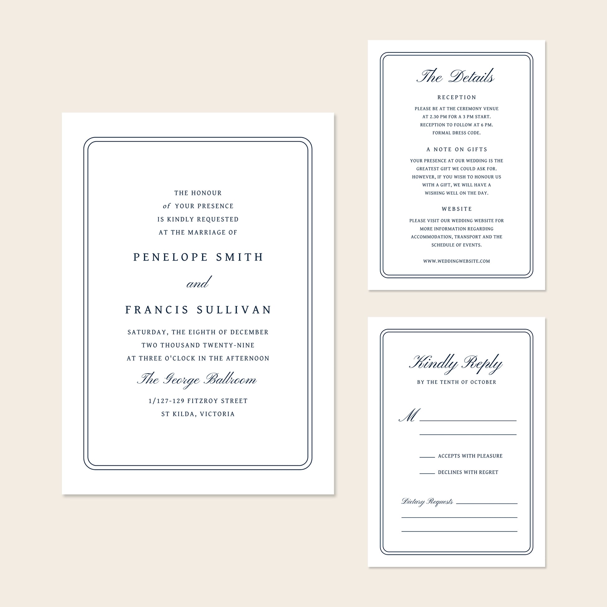 Wedding invitation template set with details and rsvp on a beige background.