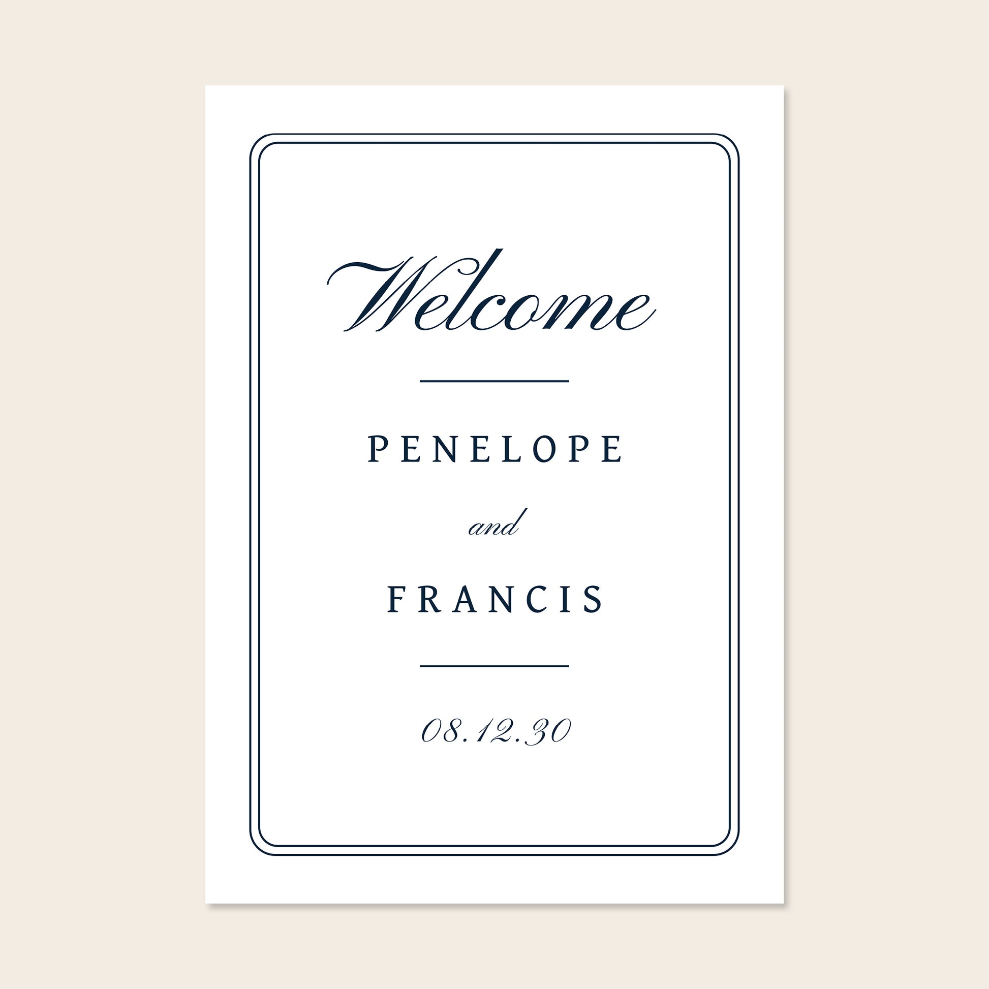 A1 Wedding welcome sign template design on a beige background.