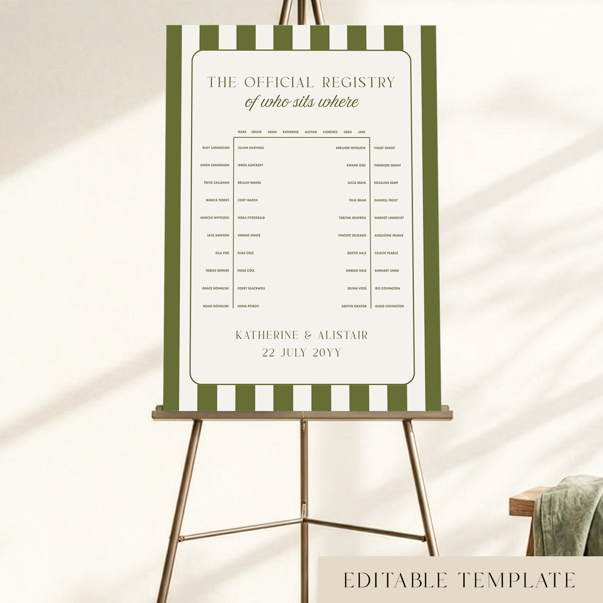 A preppy green stripe u-shape wedding seating chart for 48 guests, displayed on a gold easel