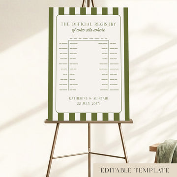 A preppy green stripe u-shape wedding seating chart for 48 guests, displayed on a gold easel