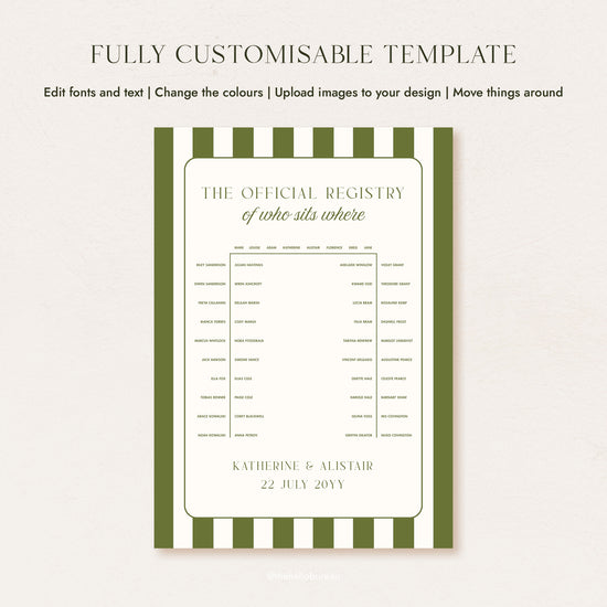 A fully customisable green stripe u-shape seating chart template for 48 guests, vintage tennis club styling