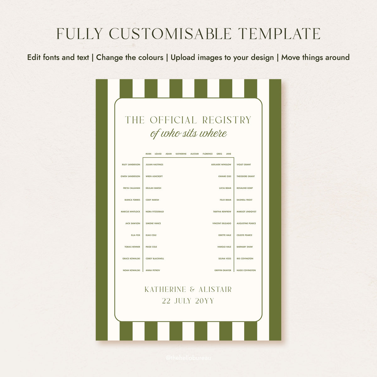 A fully customisable green stripe u-shape seating chart template for 48 guests, vintage tennis club styling