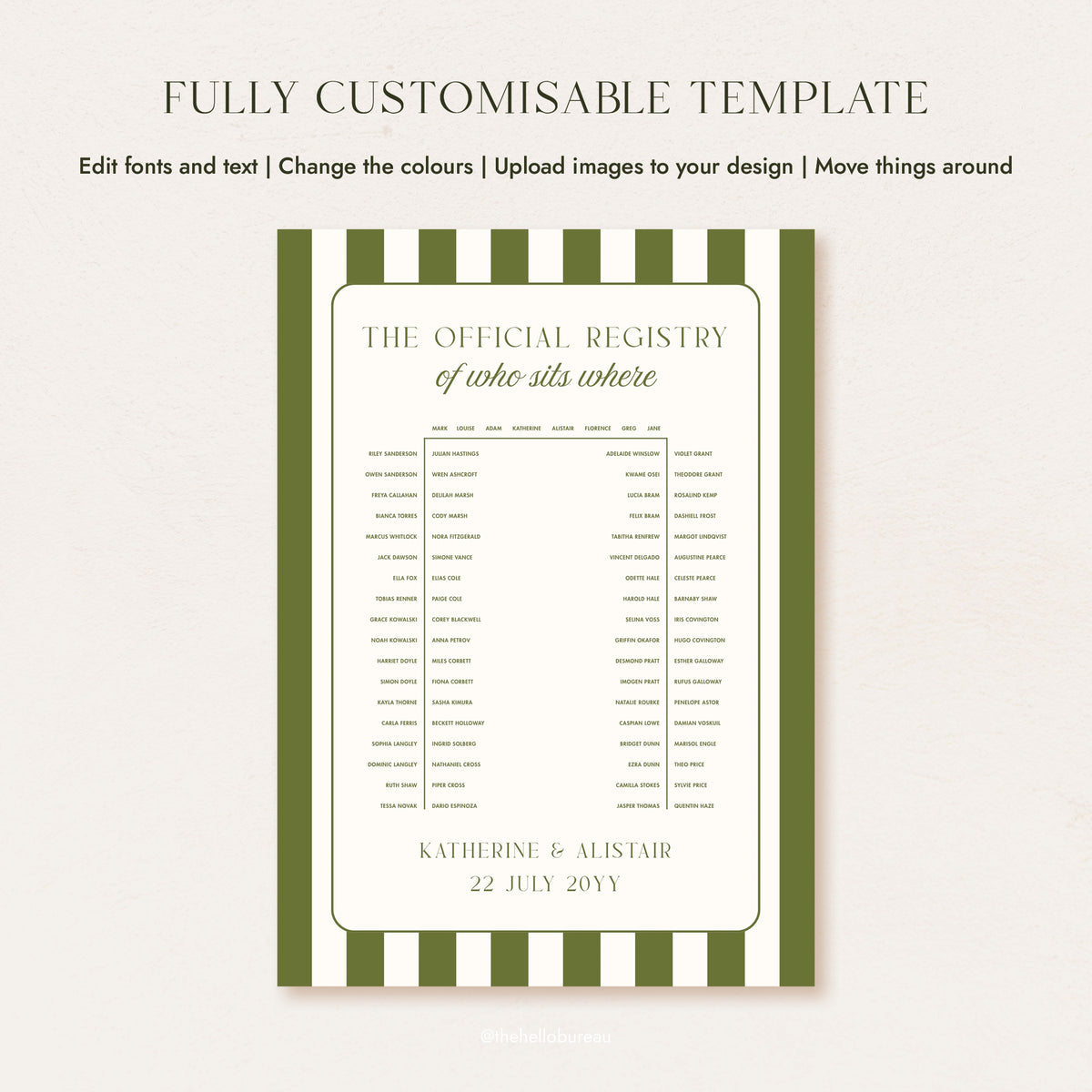 A fully customisable green stripe u-shape seating chart template for 48 guests, vintage tennis club styling