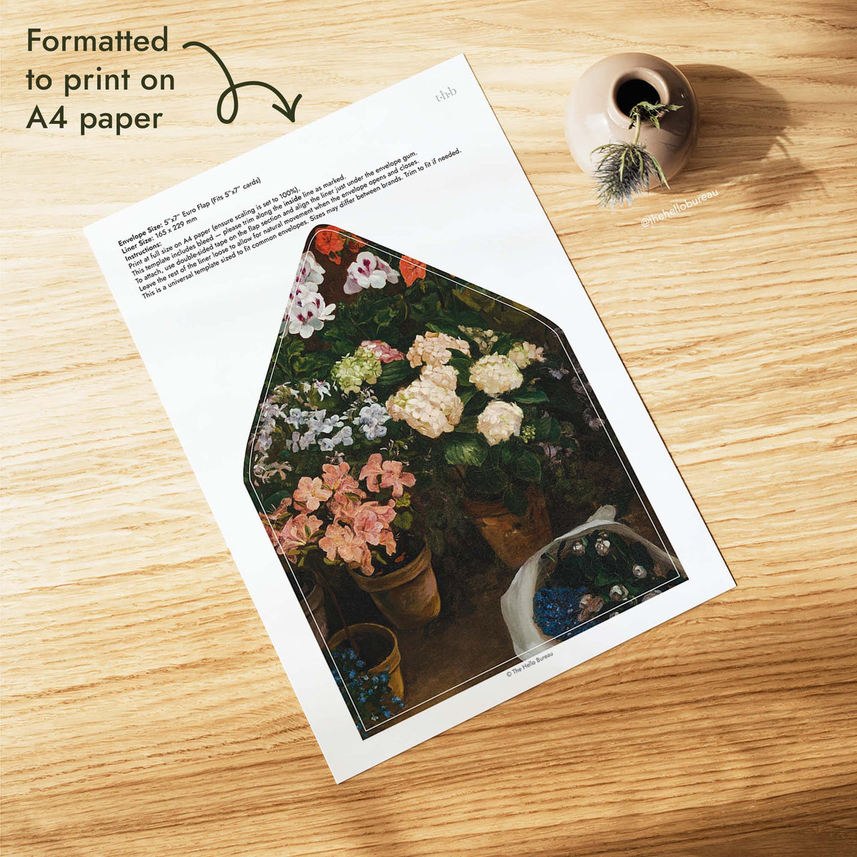 Printable Bazille floral wedding envelope liner PDF formatted to print on A4 paper, with painted hydrangeas and terracotta flower pots plus trim lines for a 5x7 euro flap envelope.