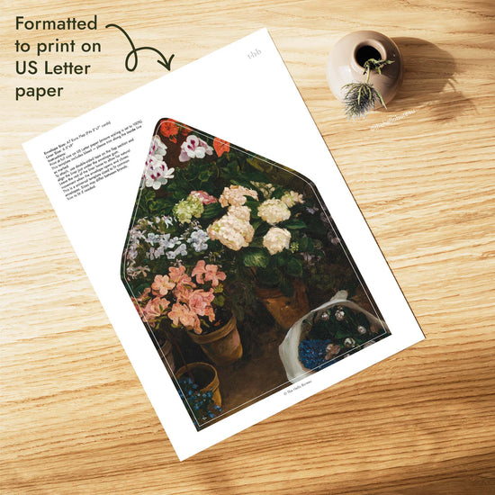 Printable homestead floral envelope liner formatted for US Letter paper, sized for an A7 euro flap envelope that fits 5x7 wedding invitations, with pink, cream and blue blooms, DIY and ready to print at home.