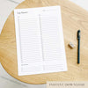 24-Hour day planner sheet on a wooden surface with a pen and eraser.
