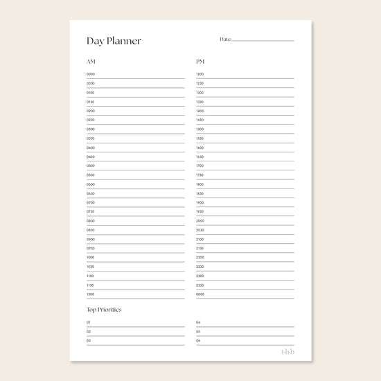 Printable day planner page with time slots and sections for tasks on a beige background