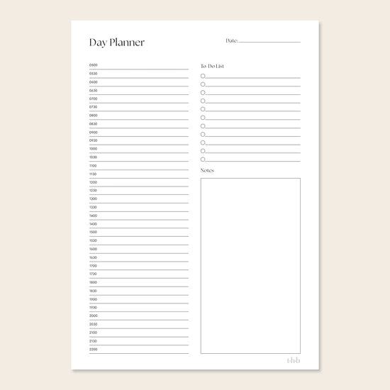 Printable day planner page with time slots and sections for tasks and notes on a beige background