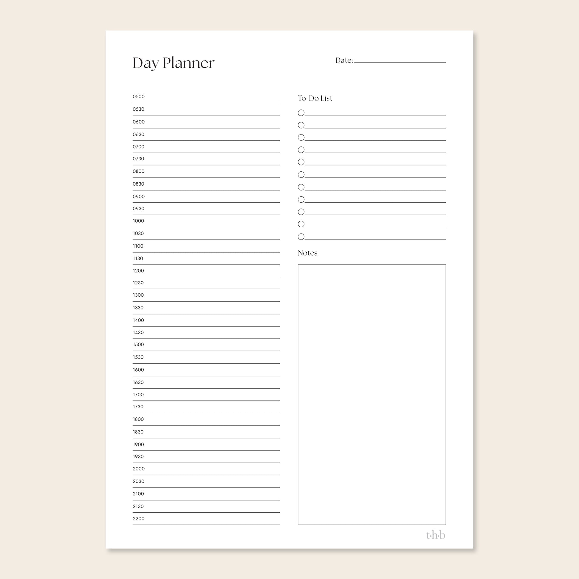 Printable day planner page with time slots and sections for tasks and notes on a beige background