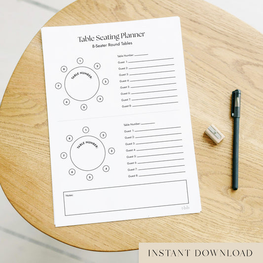 Printable A4 table seating planner on a wooden surface with a pen and eraser.