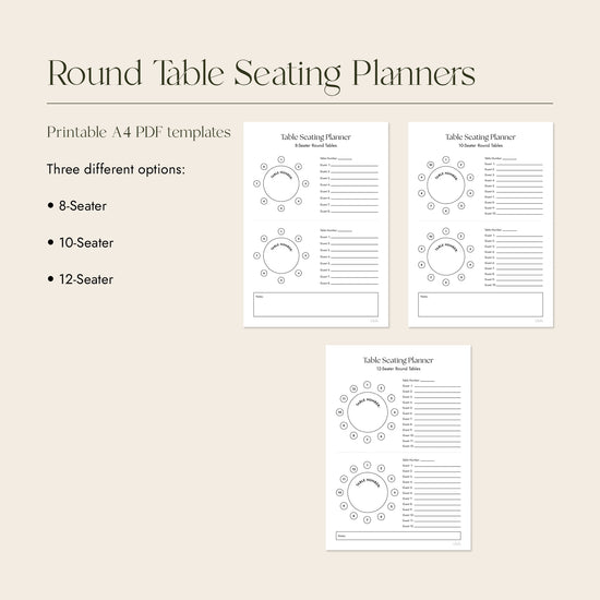 Round Table Seating Planners with three different options on a beige background.