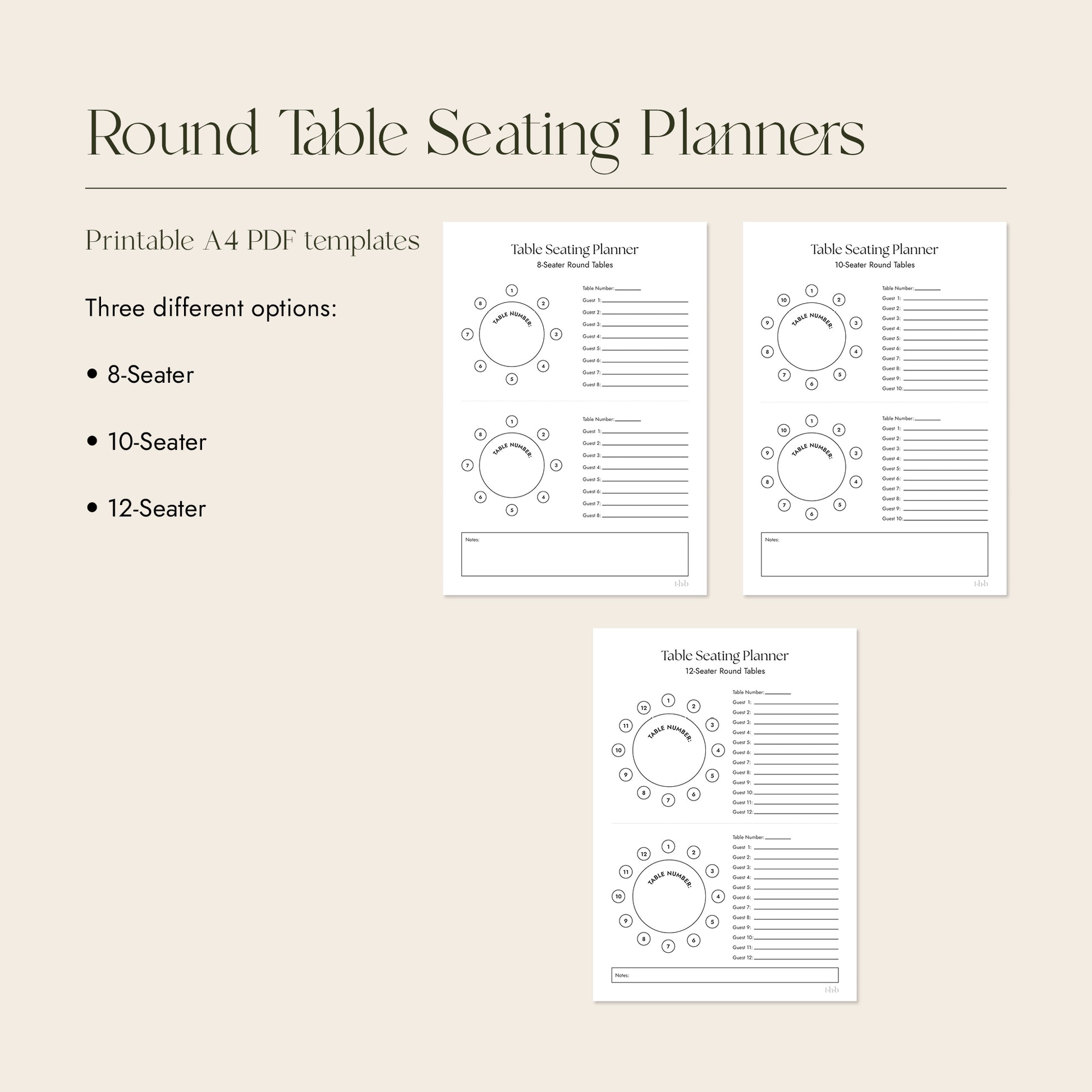 Round Table Seating Planners with three different options on a beige background.