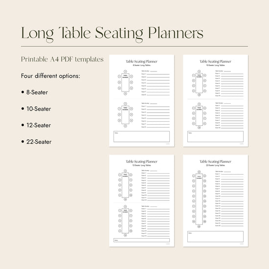 Long Table Seating Planners with four different options on a beige background.