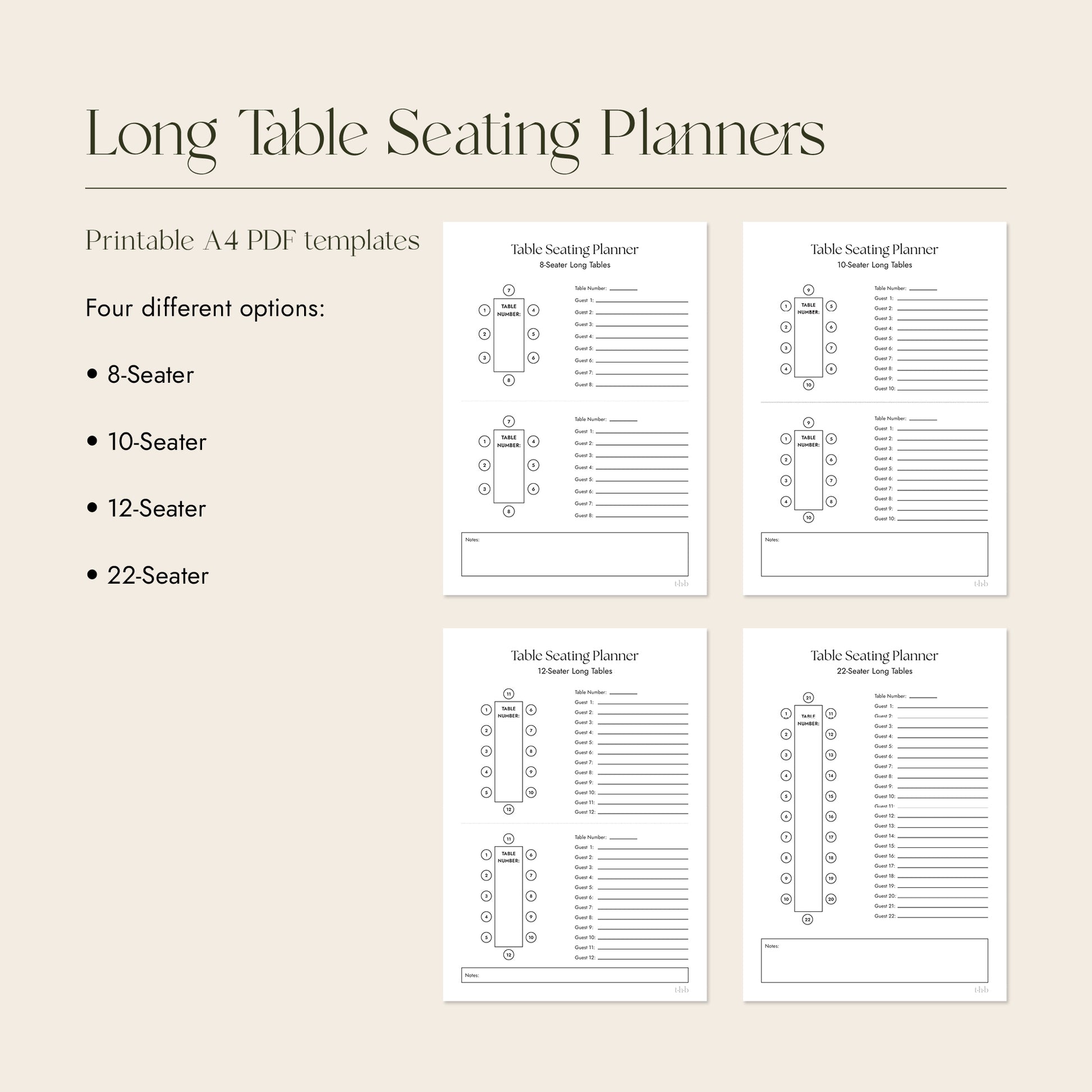 Long Table Seating Planners with four different options on a beige background.