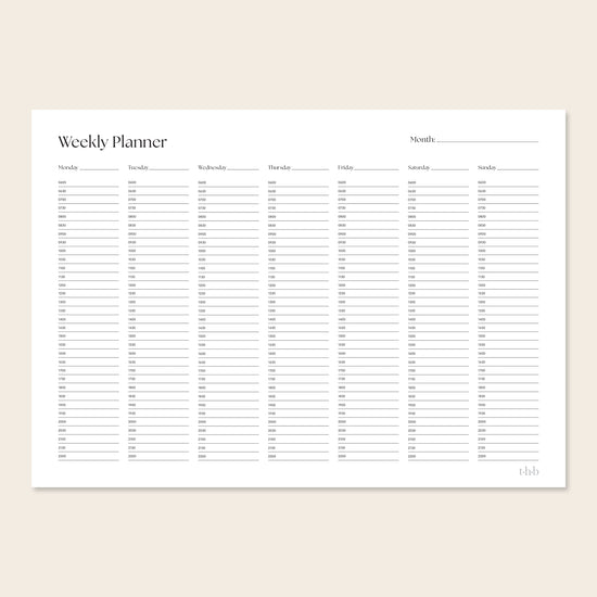 Printable weekly planner page with time slots on a beige background