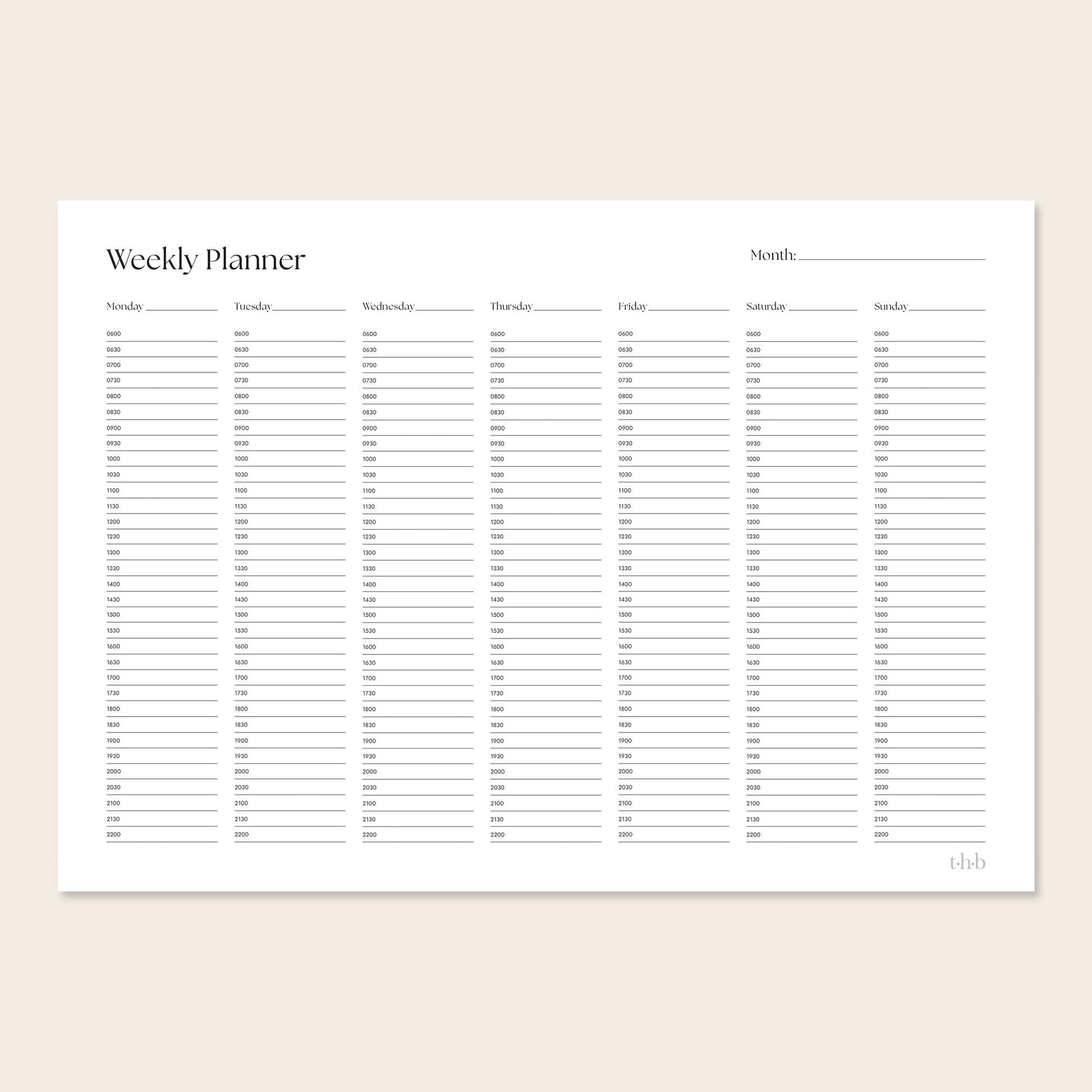 Printable weekly planner page with time slots on a beige background