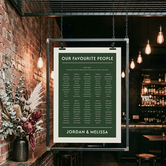 Industrial-style wedding guest list poster hanging in a brick-walled bar. This editable hunter green seating plan accommodates 10 tables and is designed for modern Australian weddings. Easy to personalise wording and names online.