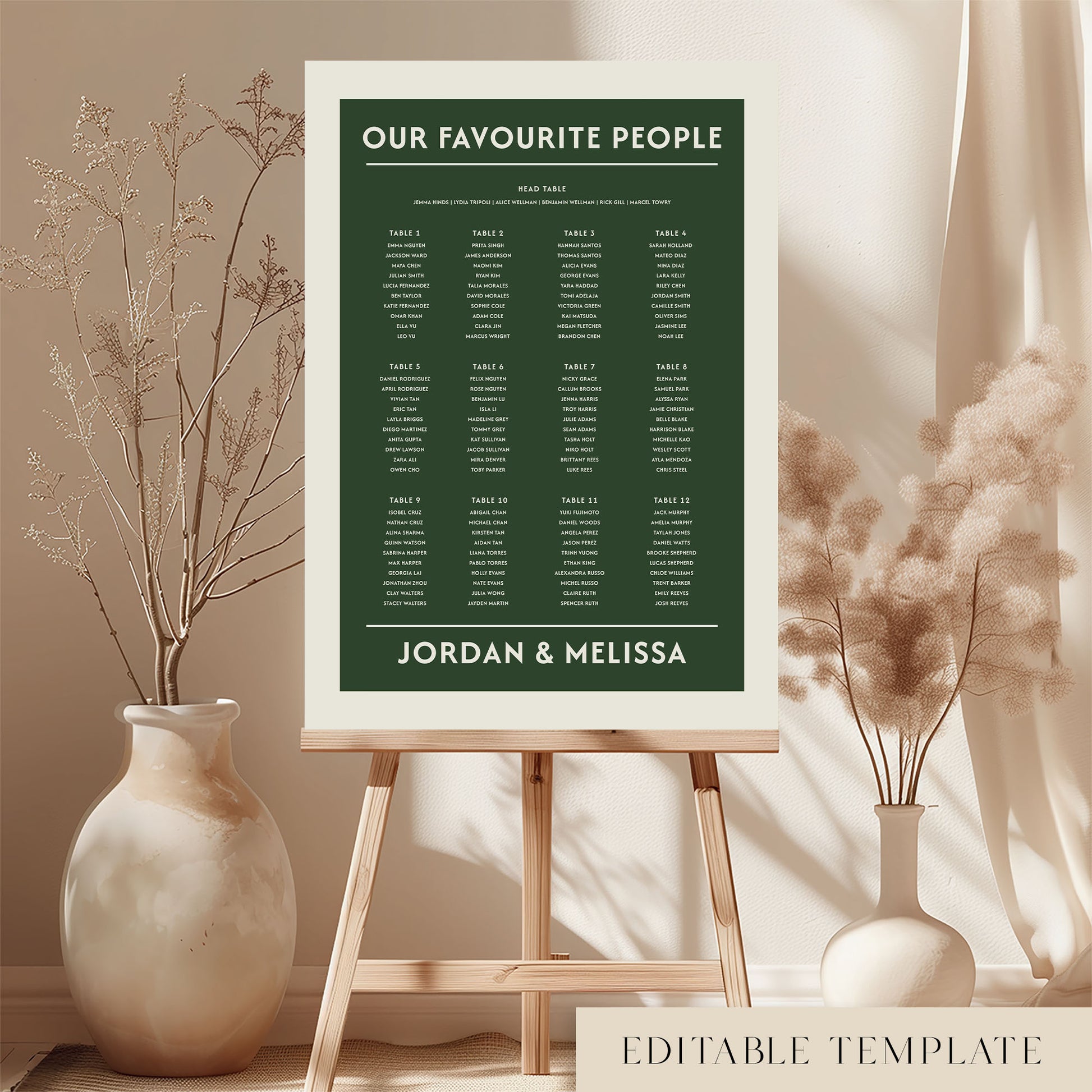 Large 12-table wedding seating chart template in dark forest green on a timber easel. The Renard design features a "Our Favourite People" heading and a minimalist layout. A DIY printable poster available in A1 or A2 sizes from The Hello Bureau.