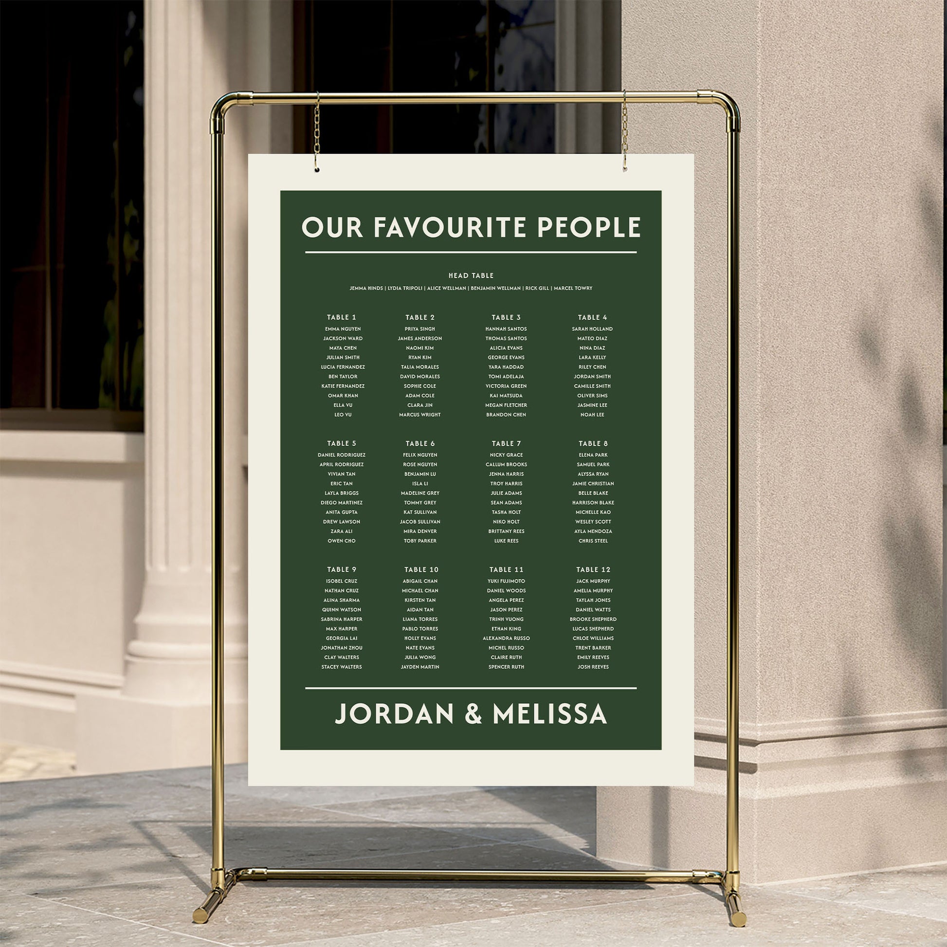 Bold 12-column wedding seating plan displayed on a sleek gold frame. The Renard template from The Hello Bureau features bold cream typography on a deep green background. Perfect for a DIY bride looking for a professional-looking seating chart.
